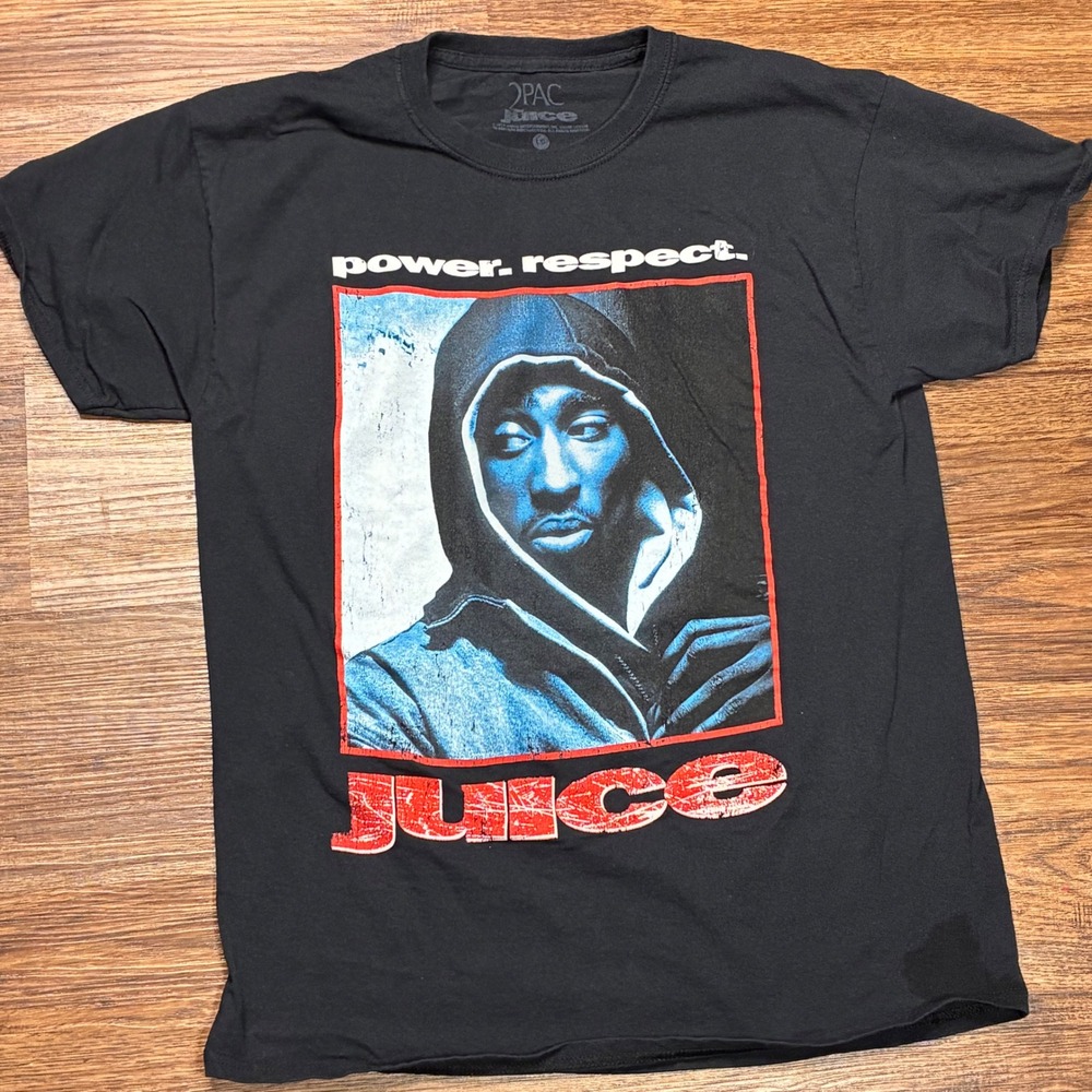 2Pac Tupac Shakur Juice Power Respect Black Graphic T-Shirt Men's L Hip Hop
